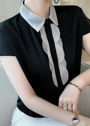 Black Patchwork Chiffon Shirt Top Peter Pan Collar Button Short Sleeve