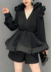 Black Patchwork Chiffon Shirt Tops Wrinkled Tunic Spring