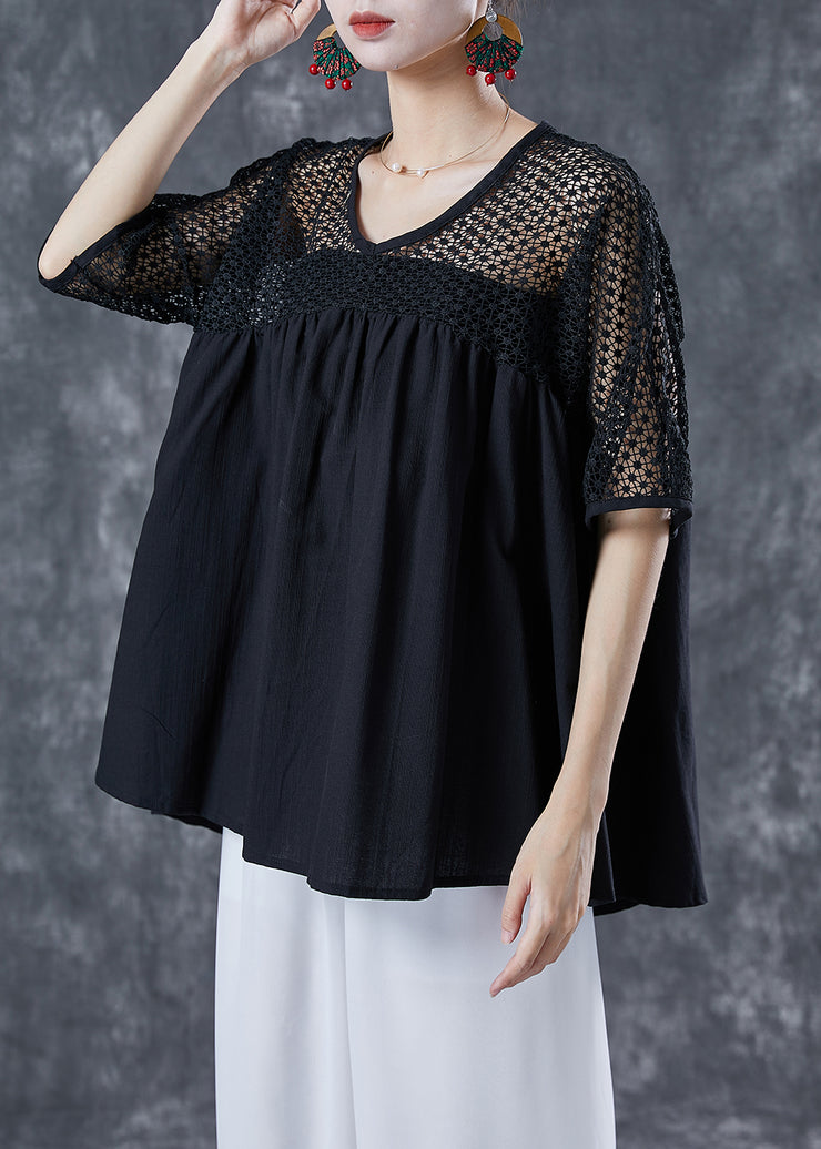 Black Patchwork Cotton Blouse Tops Hollow Out Summer