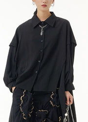 Black Patchwork Cotton Blouse Tops Peter Pan Collar Spring