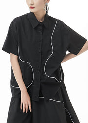 Black Patchwork Cotton Blouses Oversized Short Sleeve
