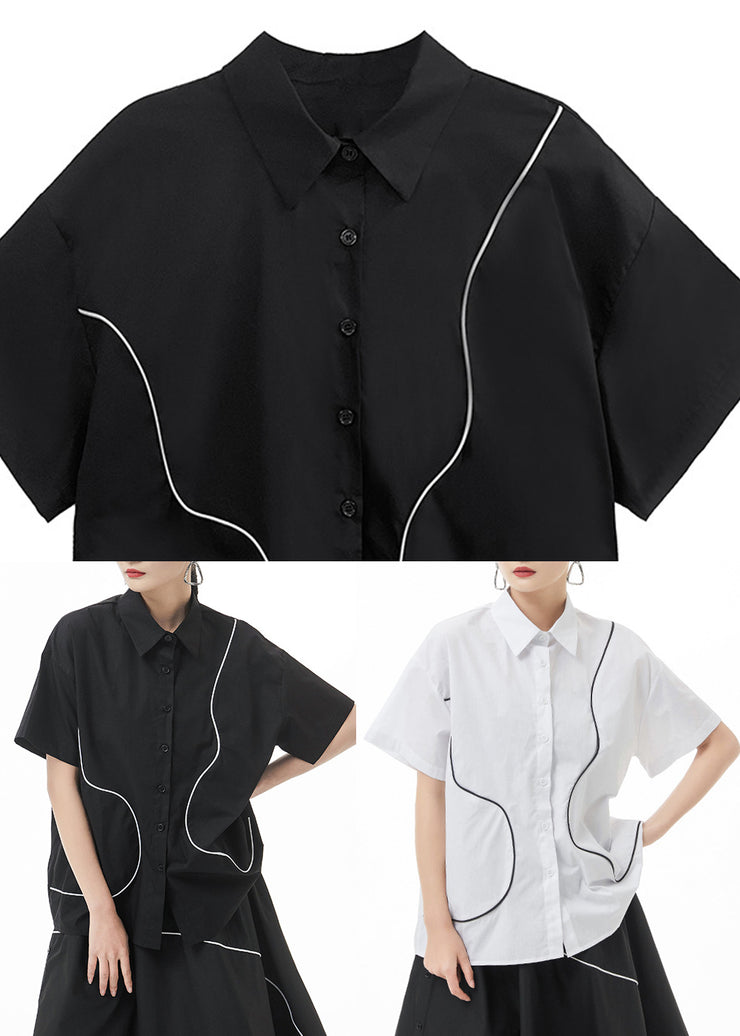 Black Patchwork Cotton Blouses Oversized Short Sleeve