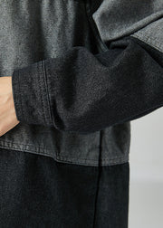 Black Patchwork Cotton Denim Trench Coat Hooded Oversized Spring