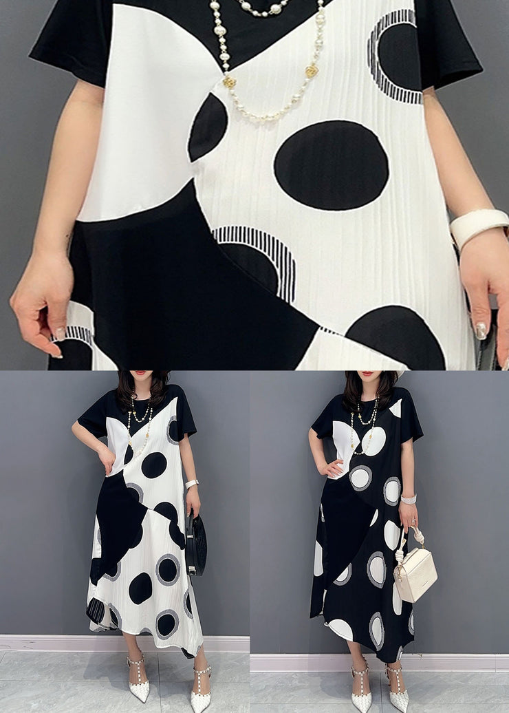 Black Patchwork Cotton Dress Asymmetrical Dot Print Summer