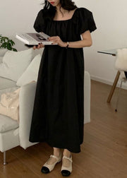 Black Patchwork Cotton Dress Wrinkled Square Collar Puff Sleeve