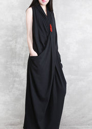 Black Patchwork Cotton Dresses Asymmetrical Wrinkled Sleeveless