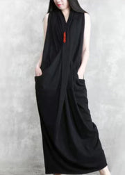 Black Patchwork Cotton Dresses Asymmetrical Wrinkled Sleeveless