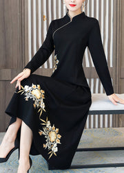 Black Patchwork Cotton Dresses Embroidered Stand Collar Fall