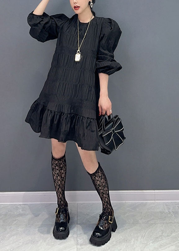 Black Patchwork Cotton Holiday Dress Wrinkled Puff Sleeve
