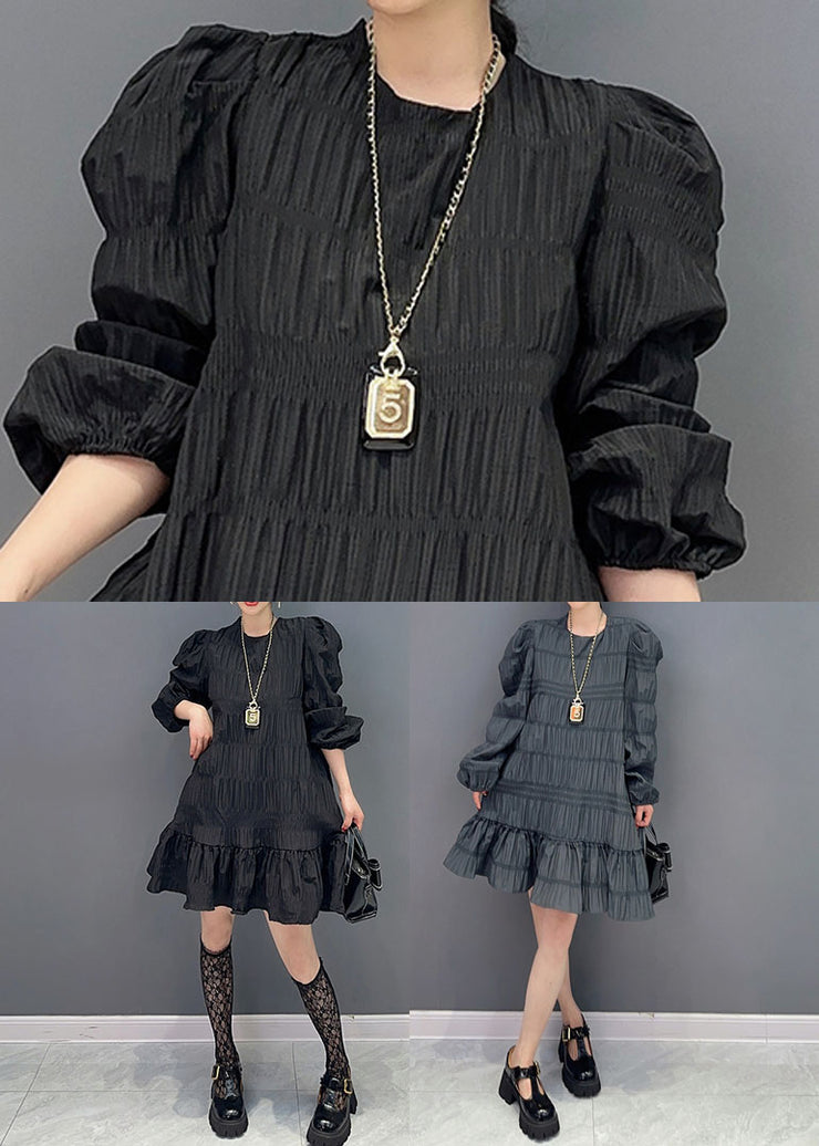 Black Patchwork Cotton Holiday Dress Wrinkled Puff Sleeve