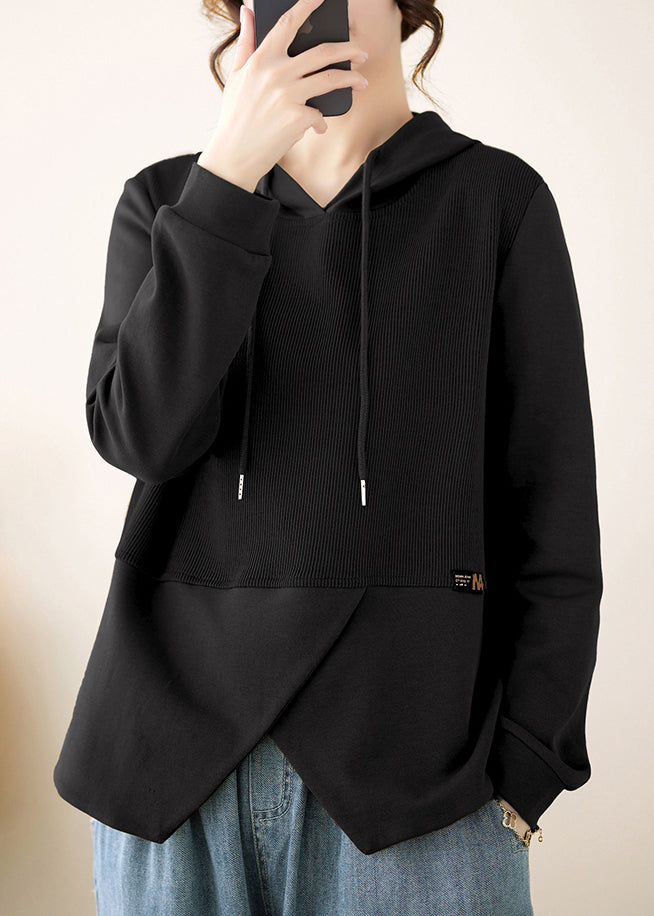 Black Patchwork Cotton Hooded Pullover Streetwear Asymmetrical Fall