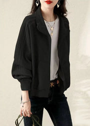 Black Patchwork Cotton Jackets Oversized Zippered Fall