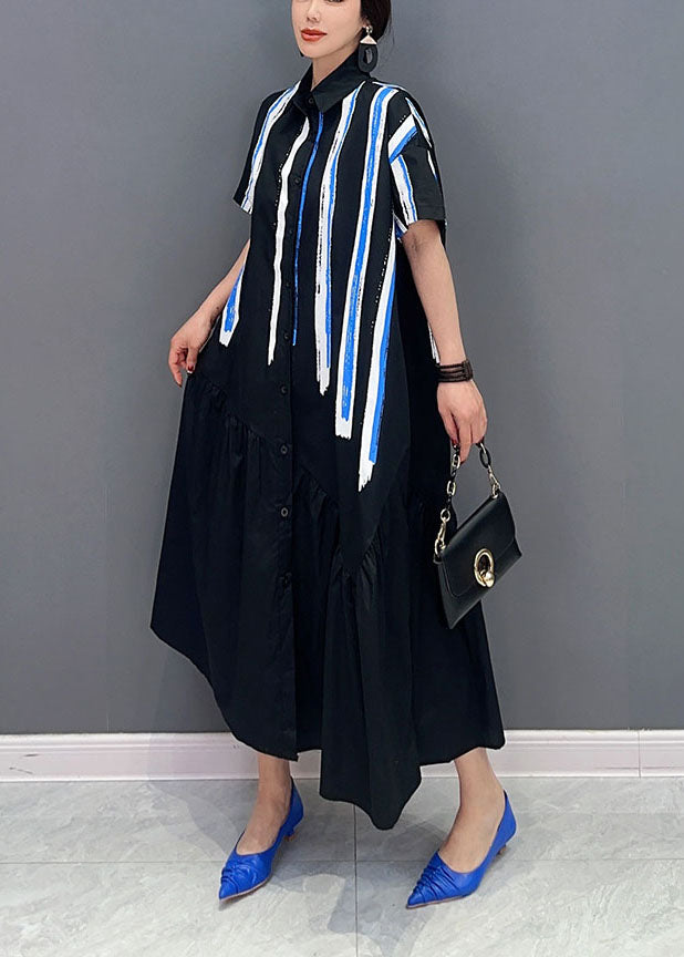 Black Patchwork Cotton Long Dress Asymmetrical Wrinkled Summer