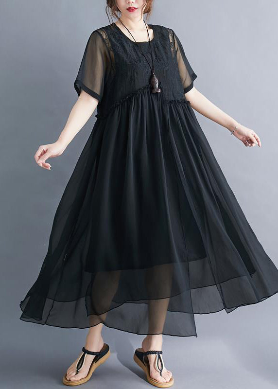 Black Patchwork Cotton Long Dress Embroidered Wrinkled Summer