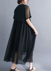 Black Patchwork Cotton Long Dress Embroidered Wrinkled Summer