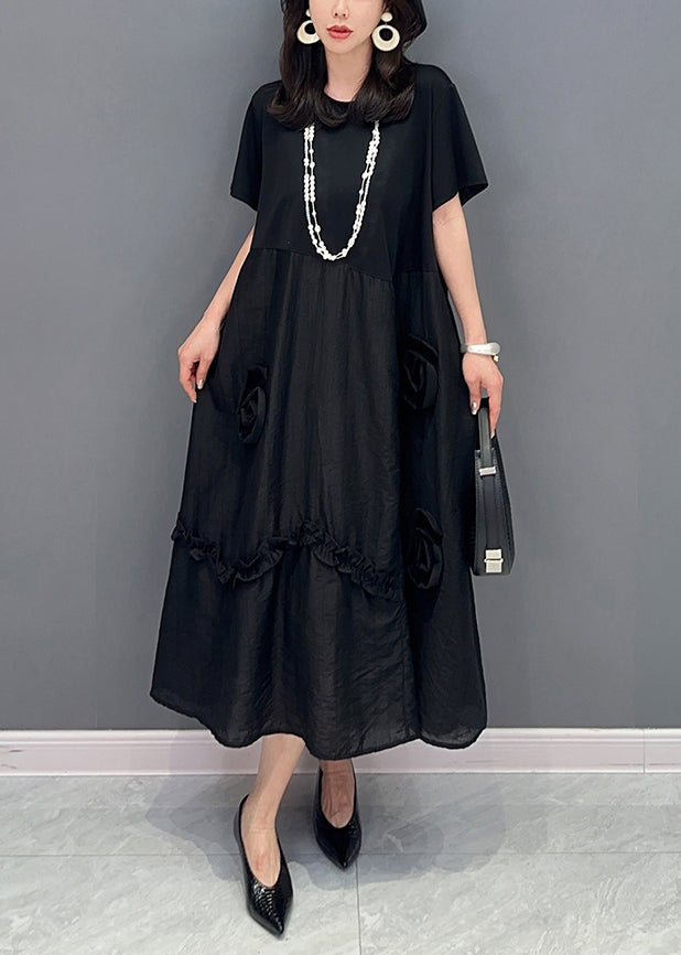 Black Patchwork Cotton Long Dress O Neck Ruffled Summer