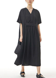 Black Patchwork Cotton Long Dresses V Neck Wrinkled Summer