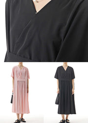Black Patchwork Cotton Long Dresses V Neck Wrinkled Summer