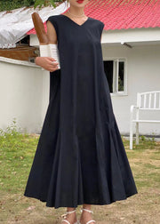 Black Patchwork Cotton Maxi Dresses V Neck Wrinkled Sleeveless