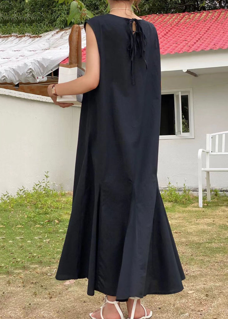 Black Patchwork Cotton Maxi Dresses V Neck Wrinkled Sleeveless