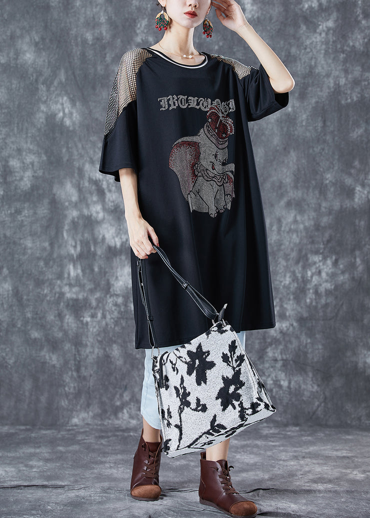 Black Patchwork Cotton Mid Dress Oversized Zircon Elephant Summer