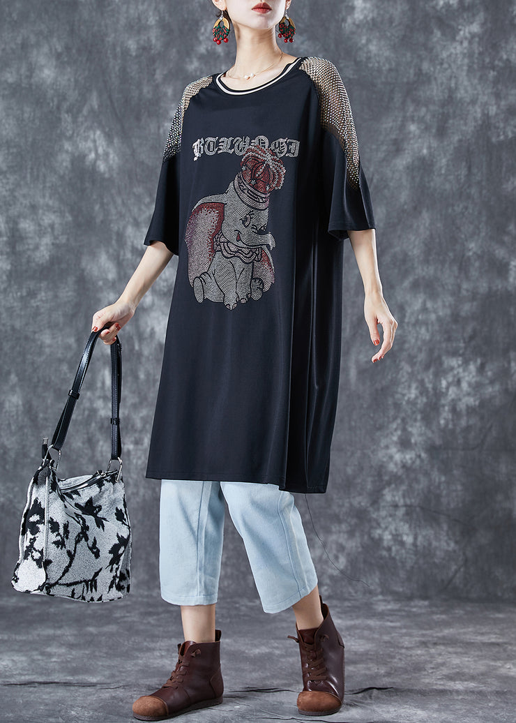 Black Patchwork Cotton Mid Dress Oversized Zircon Elephant Summer
