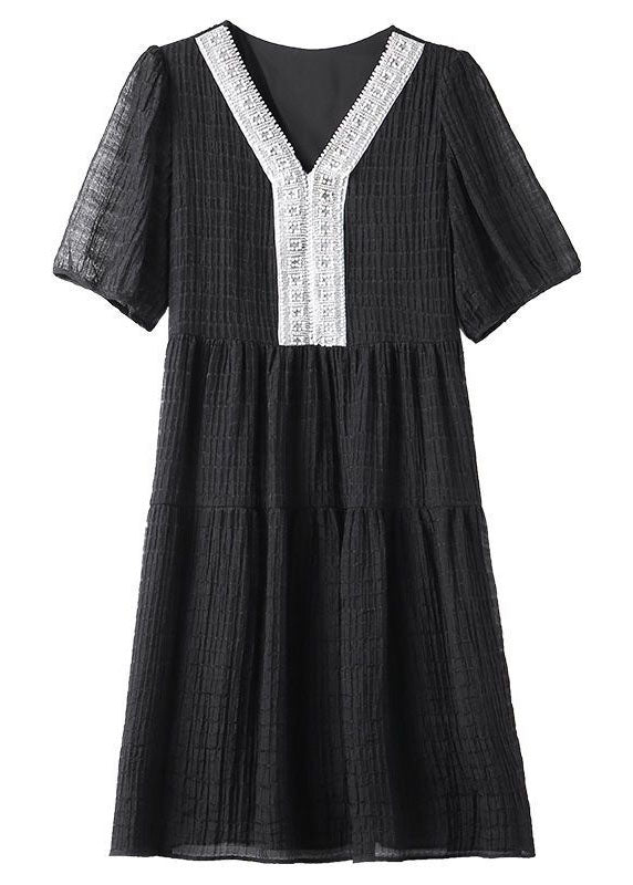 Black Patchwork Cotton Mid Dress V Neck Nail Bead Wrinkled Summer