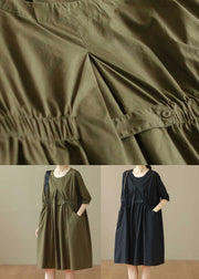 Black Patchwork Cotton Mid Dresses O Neck Wrinkled Summer