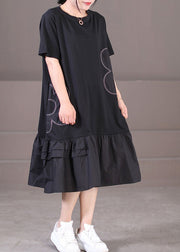 Black Patchwork Cotton Pleated Dress O-Neck Solid Color Short Sleeve