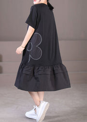 Black Patchwork Cotton Pleated Dress O-Neck Solid Color Short Sleeve