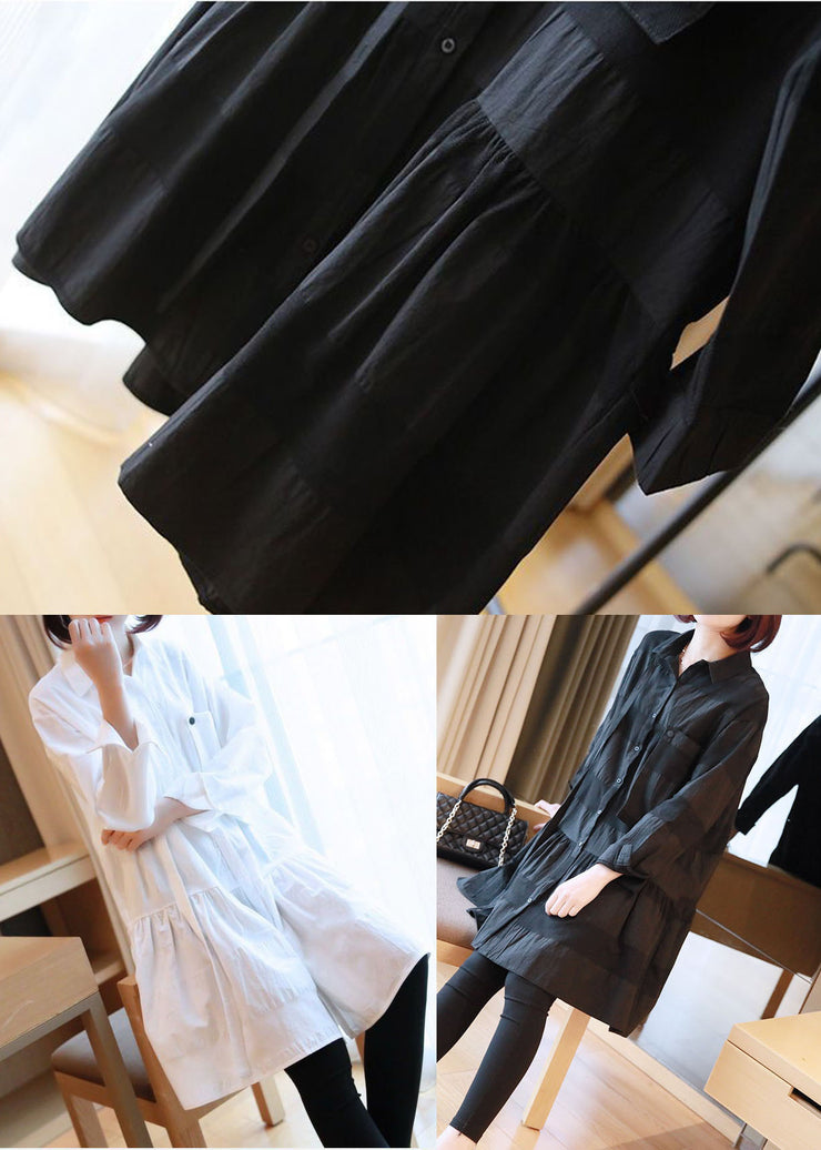 Black Patchwork Cotton Shirt Dresses Oversized Spring