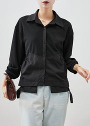 Black Patchwork Cotton Shirt Top Asymmetrical Wrinkled Fall