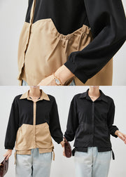 Black Patchwork Cotton Shirt Top Asymmetrical Wrinkled Fall