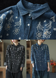 Black Patchwork Cotton Shirt Top Peter Pan Collar Embroidered Spring