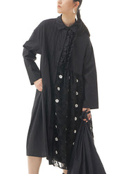 Black Patchwork Cotton Shirts Dresses Peter Pan Collar Spring