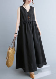 Black Patchwork Cotton Summer Dress Wrinkled V Neck Sleeveless