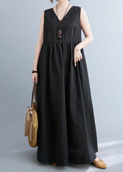 Black Patchwork Cotton Summer Dress Wrinkled V Neck Sleeveless