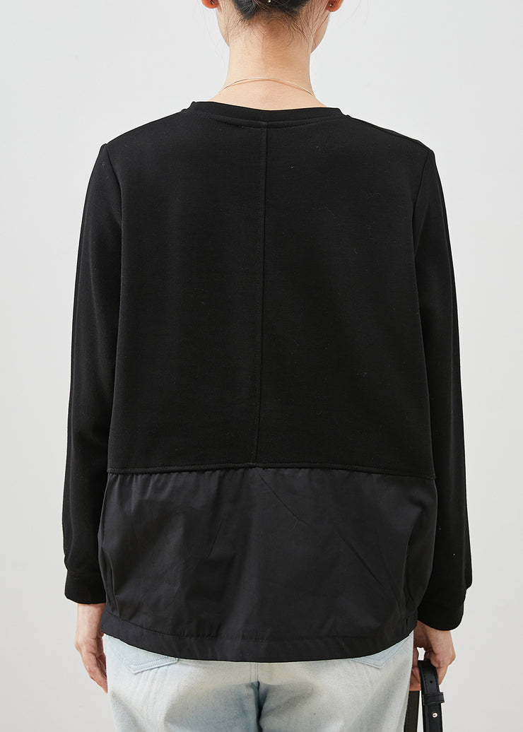 Black Patchwork Cotton Sweatshirt Streetwear Oversized Spring