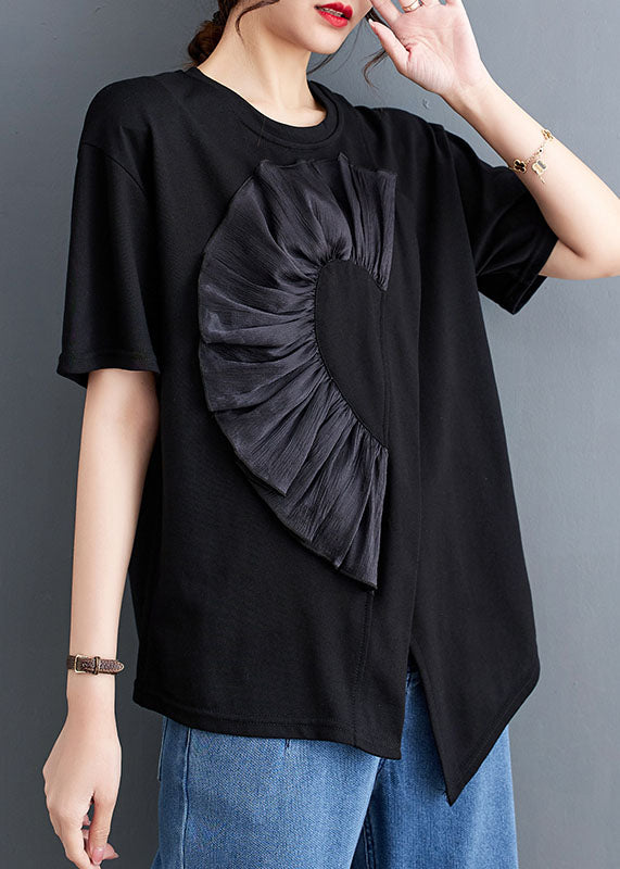 Black Patchwork Cotton T Shirt Tops Asymmetrical O Neck Summer
