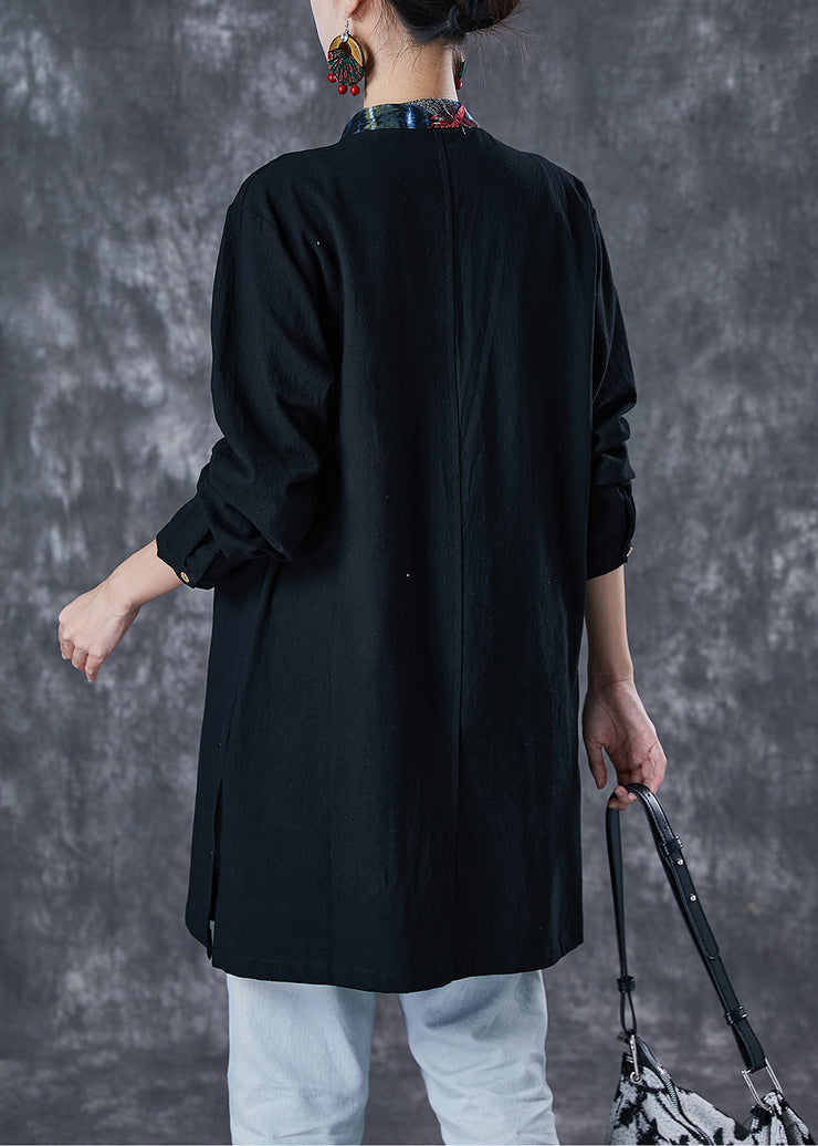 Black Patchwork Cotton Top Oversized Chinese Button Fall