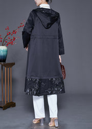 Black Patchwork Cotton Trench Embroidered Hooded Fall