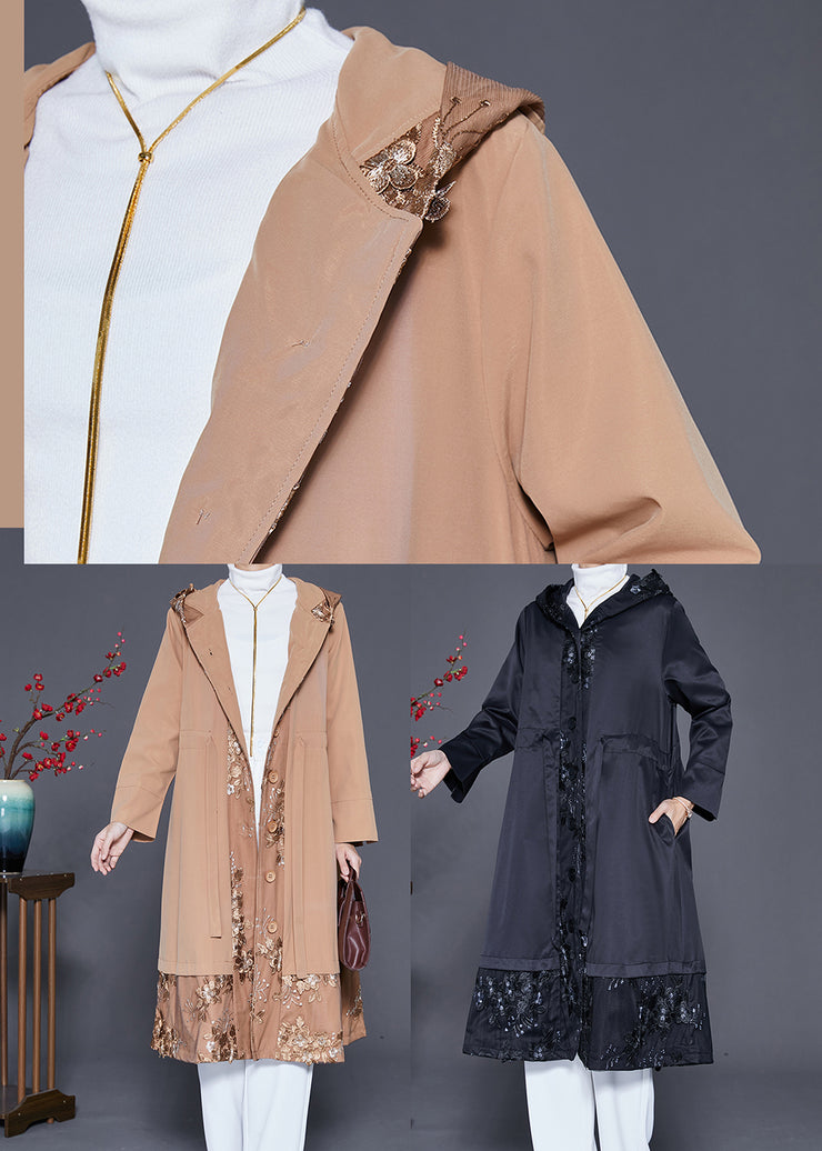 Black Patchwork Cotton Trench Embroidered Hooded Fall