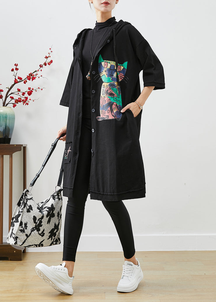 Black Patchwork Cotton Trench Oversized Cat Print Fall