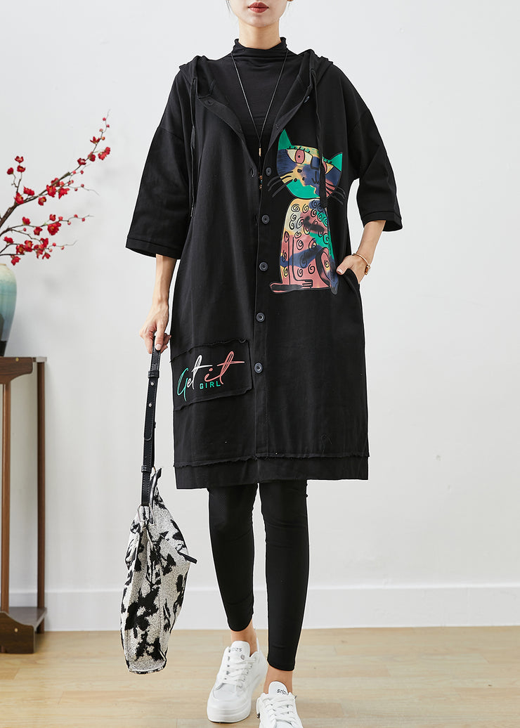 Black Patchwork Cotton Trench Oversized Cat Print Fall
