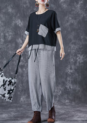 Black Patchwork Cotton Two Piece Suit Set Drawstring Plaid Summer