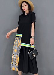 Black Patchwork Cotton Vacation Pleated Dresses O-Neck Print Short Sleeve