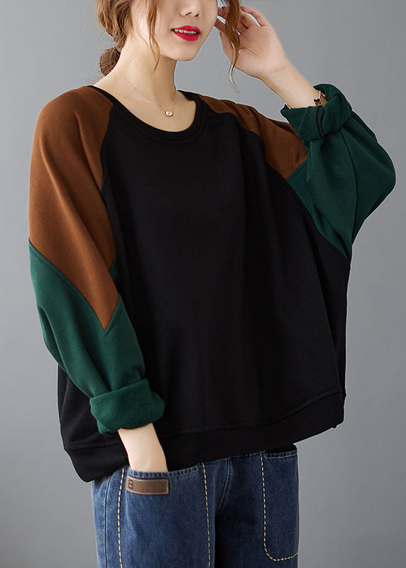 Black Patchwork Cozy Pullover Long Sleeve