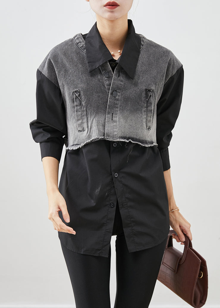 Black Patchwork Denim Cotton Shirt Tops Oversized Fall