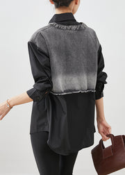 Black Patchwork Denim Cotton Shirt Tops Oversized Fall