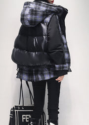 Black Patchwork Duck Down Jackets Hooded False Two Pieces Winter
